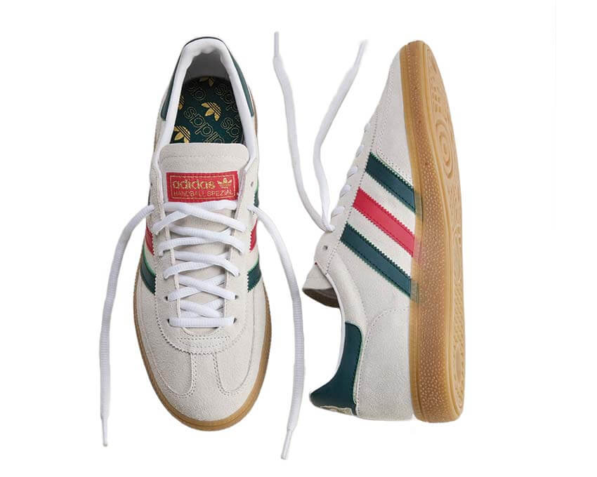 Adidas Handball Spezial Mexico dettaglio — inserti pelle e scamosciato tricolore