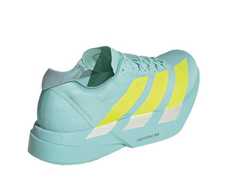 Adidas Adizero Adios Pro 4 Flash Aqua vista lateral — amortiguación Lightstrike Pro