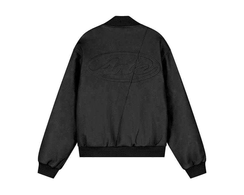 Arte Leather Varsity Jacket vista laterale — giacca uomo maniche pelle a contrasto