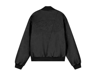 Arte Leather Varsity Jacket vista lateral — chaqueta hombre mangas cuero en contraste