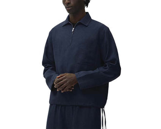 Arte Linen Quarter Zip Pullover Marino vista lateral — jersey hombre corte recto lino