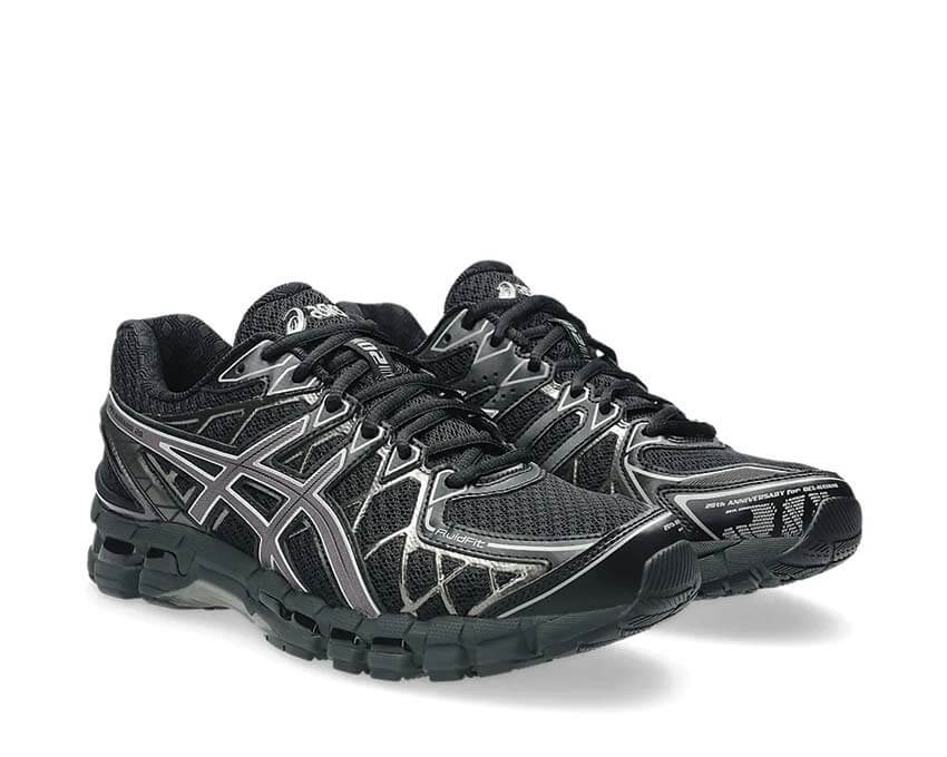 Asics Gel Kayano 20 Black vista laterale — mesh traspirante gabbia FLUIDFIT rinforzi TPU