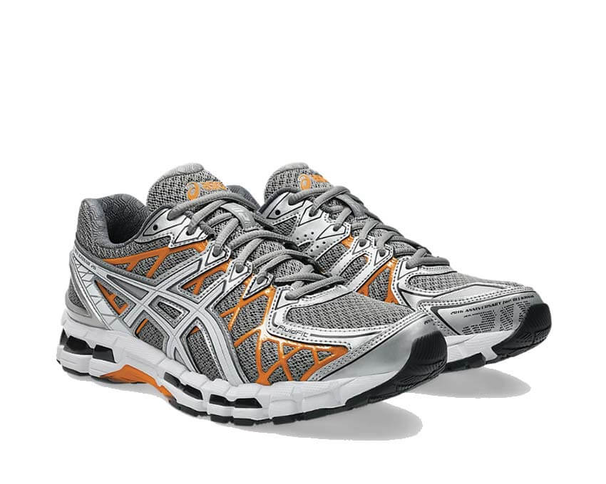 Asics Gel Kayano 20 Clay Grey vista laterale — tomaia mesh FluidFit traspirante