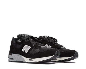 New Balance 991 Made in UK Black Silver vista laterale — pelle premium Made in UK
