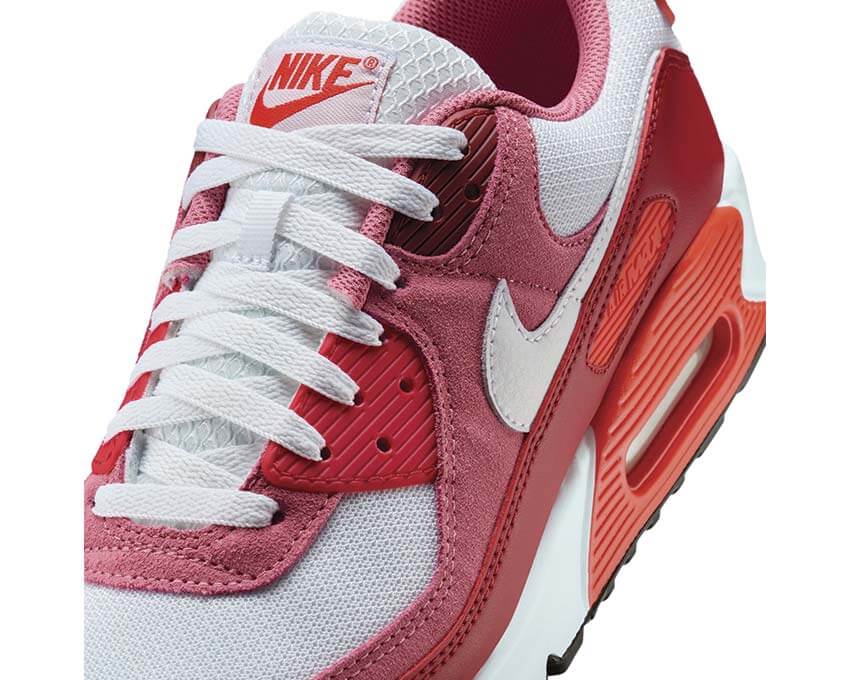 Nike Air Max 90 Peony Seitenansicht — Mesh-Obermaterial und Wildleder Pfingstrose