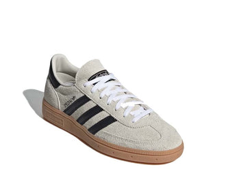 Adidas Handball Spezial W Cloud White vista lateral — 3 rayas negras gamuza blanca