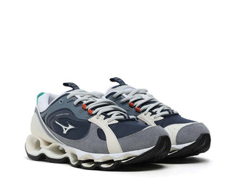 Mizuno Wave Prophecy Beta 2 Gray/Blue vista lateral — mesh transpirable running lifestyle